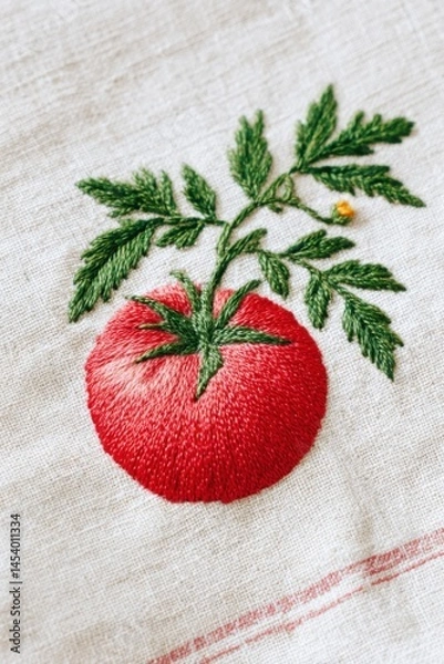 Fototapeta Red embroidered tomato with green leaves on a textured linen fabric background, showcasing intricate stitching and vibrant colors in a decorative design