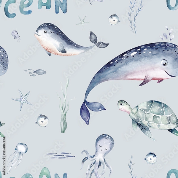 Obraz Watercolor seamless pattern with underwater world Bright fish, whale, shark dolphin starfish animals. Jellyfish seashells. Sea and ocean fish life background