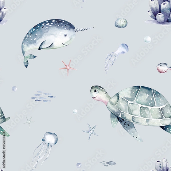 Obraz Watercolor seamless pattern with underwater world Bright fish, whale, shark dolphin starfish animals. Jellyfish seashells. Sea and ocean fish life background