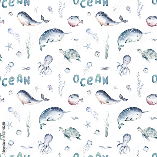 Obraz Watercolor seamless pattern with underwater world Bright fish, whale, shark dolphin starfish animals. Jellyfish seashells. Sea and ocean fish life background