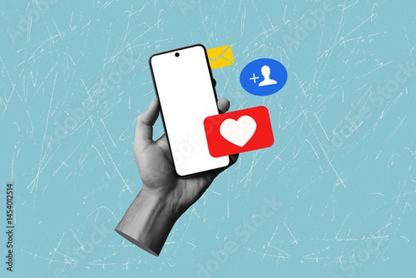 Fototapeta Contemporary art collage on the theme of social networks. Hand holding mobile phone showing social media notifications. Promotion of a personal page in social networks	
