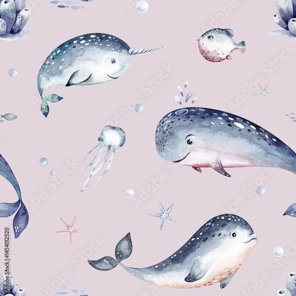Obraz Watercolor seamless pattern with underwater world Bright fish, whale, shark dolphin starfish animals. Jellyfish seashells. Sea and ocean fish life background