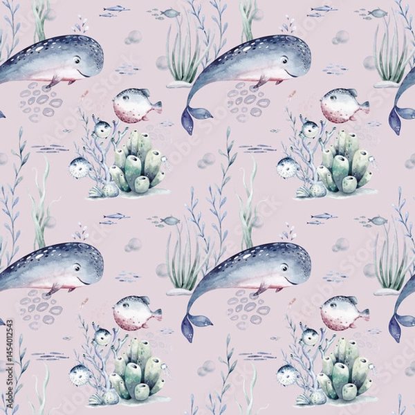 Obraz Watercolor seamless pattern with underwater world Bright fish, whale, shark dolphin starfish animals. Jellyfish seashells. Sea and ocean fish life background