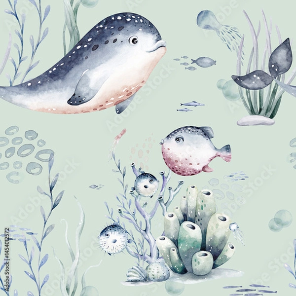 Obraz Watercolor seamless pattern with underwater world Bright fish, whale, shark dolphin starfish animals. Jellyfish seashells. Sea and ocean fish life background