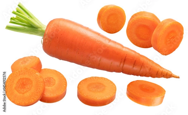 Fototapeta Set of red carrot and round carrot slices isolated on white background. File contains clipping paths.