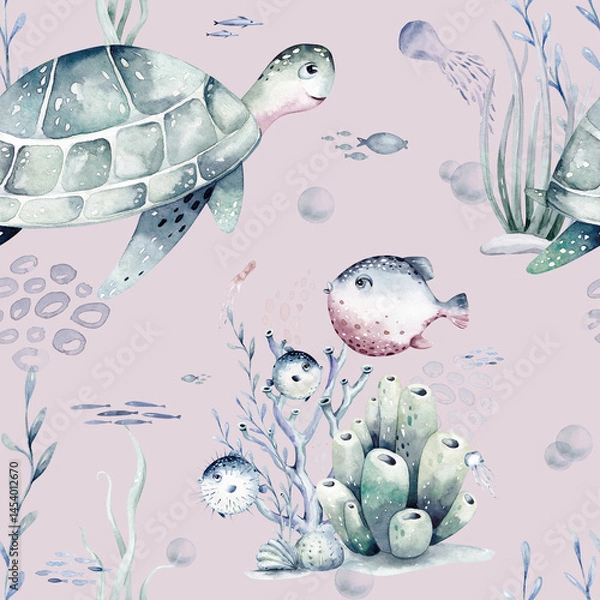Obraz Watercolor seamless pattern with underwater world Bright fish, whale, shark dolphin starfish animals. Jellyfish seashells. Sea and ocean fish life background