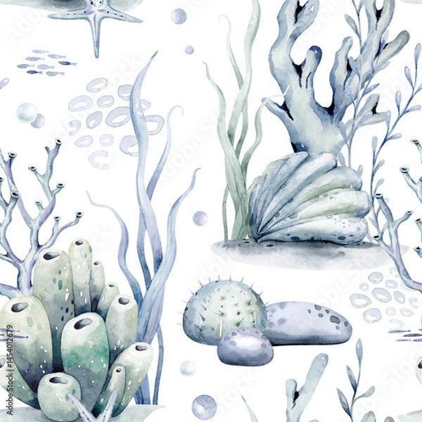 Obraz Watercolor seamless pattern with underwater world Bright fish, whale, shark dolphin starfish animals. Jellyfish seashells. Sea and ocean fish life background