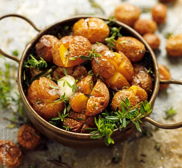 Fototapeta Baked potatoes with butter, aromatic herbs and salt, close up view 