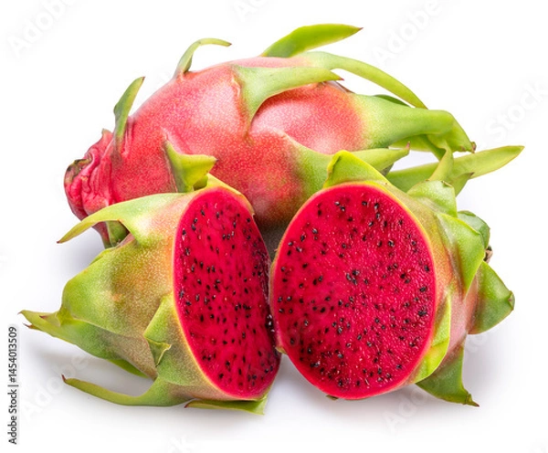Fototapeta Dragon fruit and dragon fruit cut in half isolated on white background. File contains clipping paths.