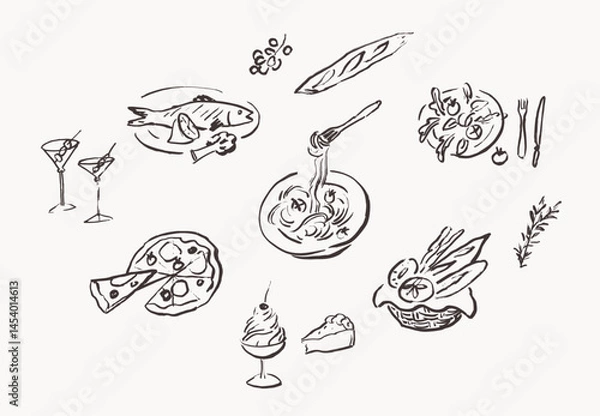 Obraz Food line art drawings, hand drawn decorative design elements, vector illustration
