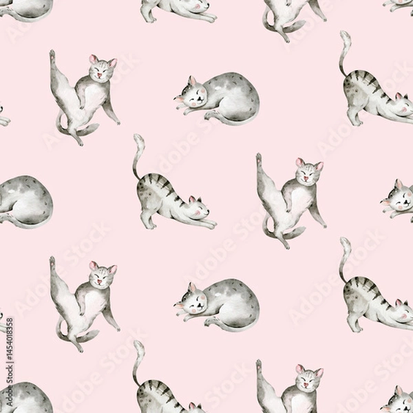 Obraz Watercolor Seamless Pattern with cute cartoon cats for Children on the white background. Kids scrapbooking paper and wallwaper design.