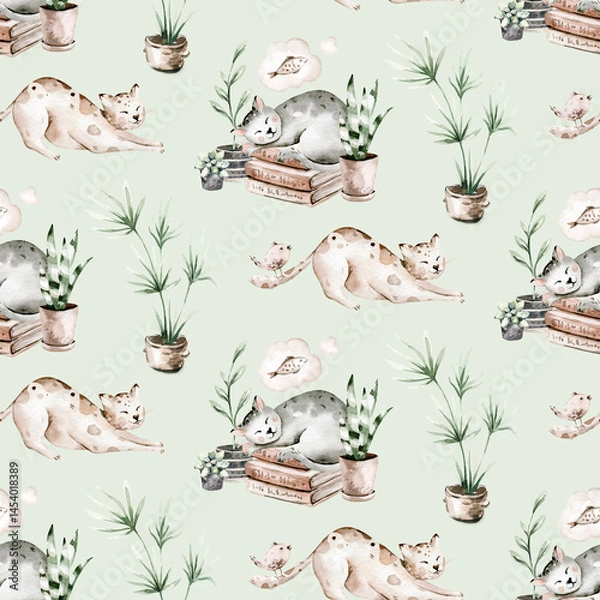 Obraz Watercolor Seamless Pattern with cute cartoon cats for Children on the white background. Kids scrapbooking paper and wallwaper design.