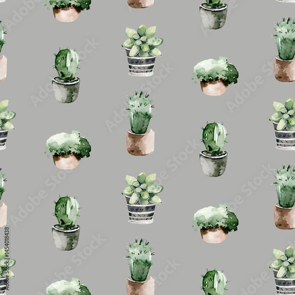 Obraz Watercolor seamless pattern of hand painted house potted houseplant. green plants in flower pots. Scrapbooking paper background of floral elements isolated on white. Decorative greenery 