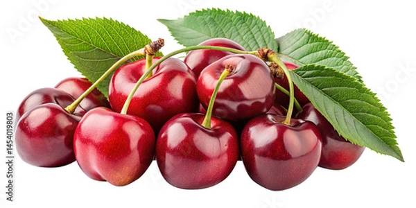 Obraz A cluster of ripe red cherries with vibrant green leaves fresh from the cherry tree