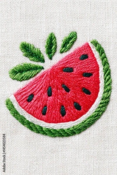 Fototapeta Embroidered watermelon slice design featuring vibrant red fruit with green rind and leaves, showcasing intricate stitching and textile art in a creative and colorful presentation