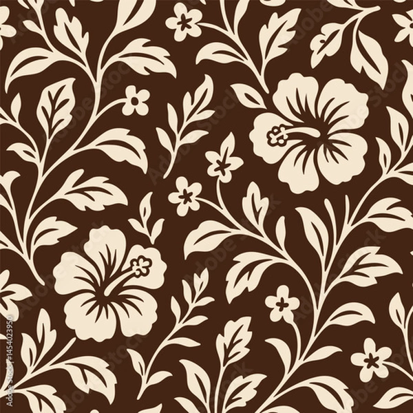 Fototapeta Seamless pattern featuring stylized floral elements and leaves in white/cream on a dark brown background. Offers a classic, elegant two-tone botanical design perfect for decorative use