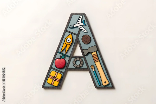 Obraz Illustrated Letter 'A' with Airplane, Apple, Rocket, and Art Tools – Creative Alphabet Design