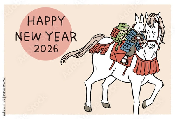 Fototapeta 2026年　年賀状　鳥獣戯画　うさぎとカエルが甲冑を着けて馬に乗って遊ぶイラストレーション