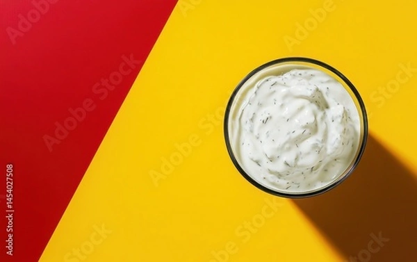 Obraz Top-down view of Balkan tzatziki yogurt sauce on yellow-red background.
