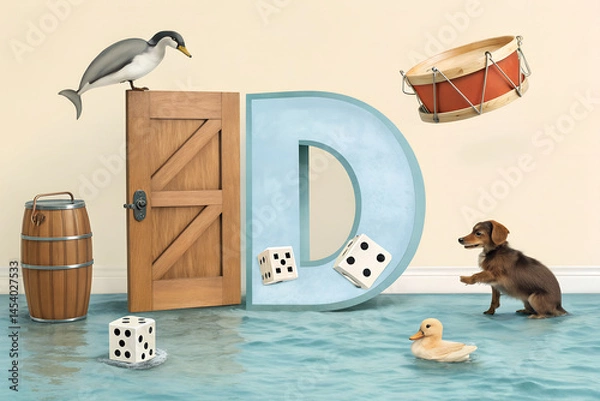 Obraz Surreal Scene with Letter D, Floating Objects, and Playful Animals – Creative Alphabet Art