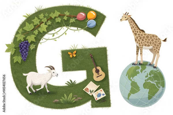 Obraz Illustrated Letter 'G' with Grapes, Goat, Guitar, Globe, and Giraffe – Creative Alphabet Art