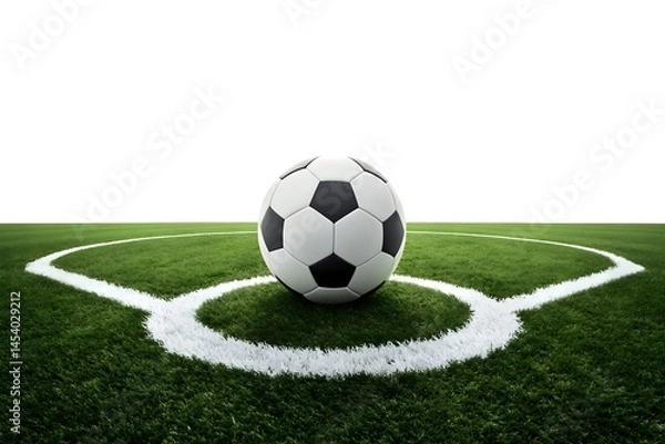 Fototapeta The soccer ball rests at center circle amid the stadium's verdant artificial turf