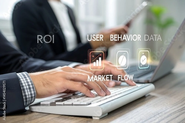 Obraz Data analytics and graphs. Analysis of statistical business marketing data. Data scientist using laptop computer to analyze data.