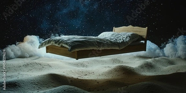 Fototapeta A bed floating above sand, its legs disintegrating into time particles.