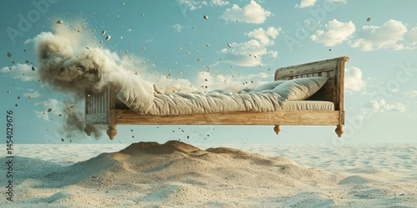 Fototapeta A bed floating above sand, its legs disintegrating into time particles.