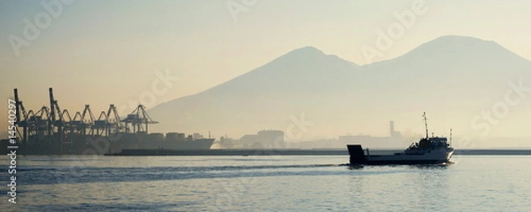 Obraz Ferry on a sea with Mount Vesuvius and cranes