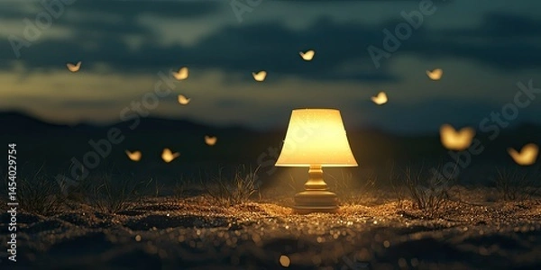 Obraz A bedroom lamp glowing alone in a field of sand, surrounded by fluttering memory moths.