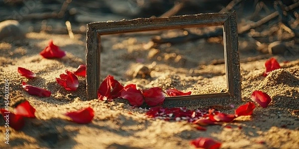 Obraz A broken frame in the sand, with petals and stardust spilling out like emotional residue.
