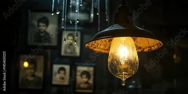 Fototapeta A broken lamp whose light drips upward, illuminating suspended images of youth.