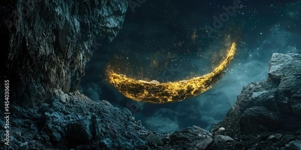 Obraz A cinematic cliffside capture-dark vessel outlined in gold floating above the earth like a myth reborn.