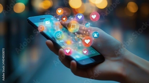 Fototapeta Hand holding a smartphone with floating like and comment icons