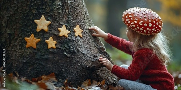 Obraz A curious mushroom girl sketching stars on bark using chalky stones