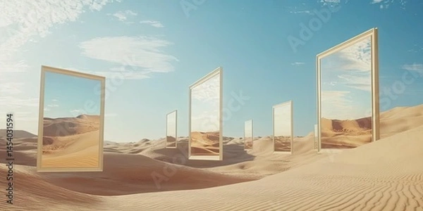 Obraz A desert with floating photo frames, each capturing a past kiss, a smile, a goodbye.