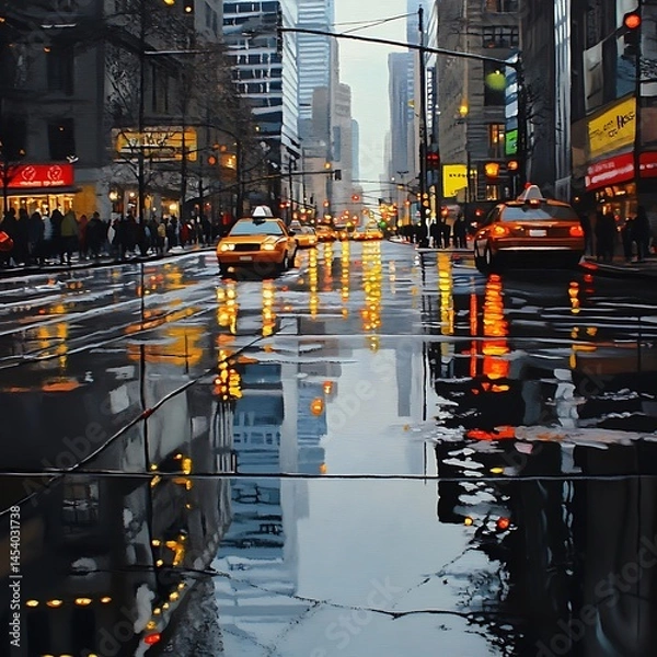Fototapeta Rainy city street scene at night, featuring yellow cabs and reflections in wet pavement. Bright city lights illuminate the urban landscape, creating a vibrant, yet reflective atmosphere. The image is
