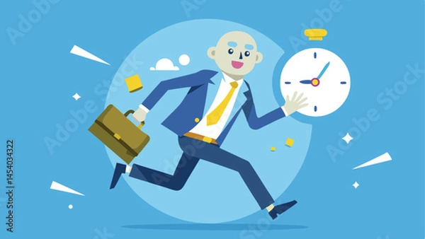 Fototapeta Time run out, deadline or hurry to go to the office late, urgency or determination to finish work fast, stressed or anxiety to complete work concept, hurry businessman run fast on time run out clock