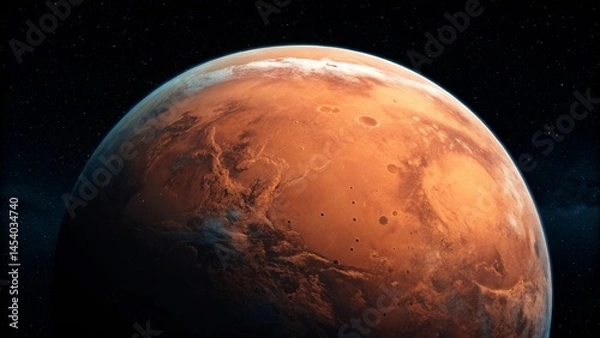 Fototapeta Highlighting the rugged terrain of Mars, this photo captures craters and vast plains, conveying the harsh and mysterious nature of the red planet