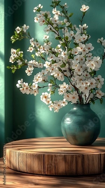 Obraz Elegant spring blossoms in a teal vase on a wooden platform.