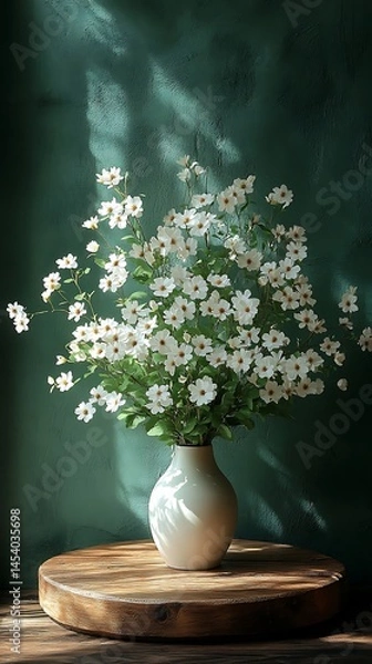 Obraz Elegant white flowers in a vase, illuminated by sunlight.