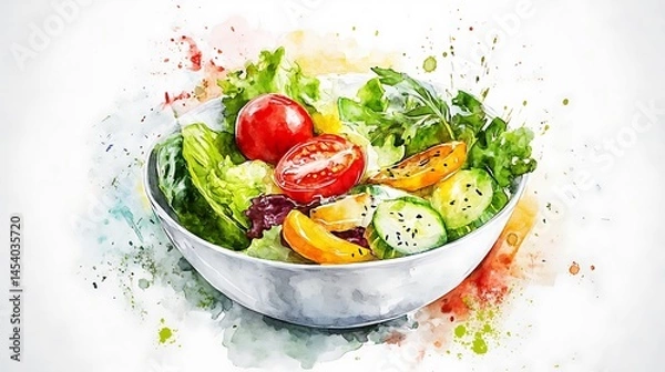 Fototapeta Vibrant watercolor painting of a fresh salad in a bowl. The salad consists of lettuce, cherry tomatoes, cucumber, and other colorful vegetables. The image is set against a white background with