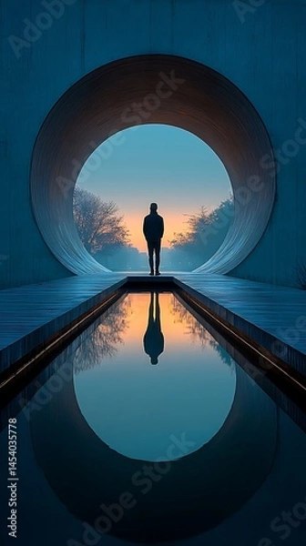 Obraz Silhouette of person in circular concrete archway over tranquil water.