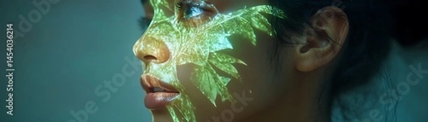 Obraz Close-up view of a person's face with projected leaves.