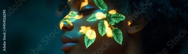 Obraz Close-up portrait of a person with leaf designs on their face.