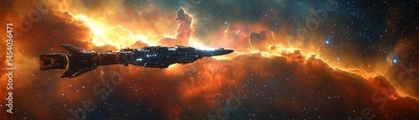 Obraz Large spacecraft amidst fiery nebula.