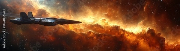 Obraz Majestic spacecraft navigating through a fiery nebula.