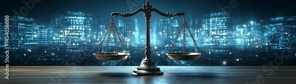 Obraz Scales of justice in a futuristic city backdrop.