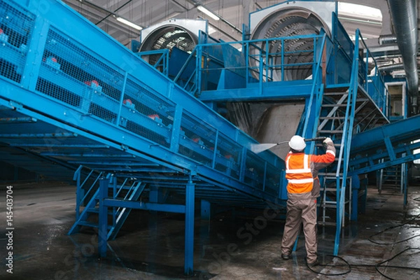 Fototapeta The worker washes the equipment at the waste sorting plant. Waste processing plant. Technological process. Recycling and storage of waste for further disposal.